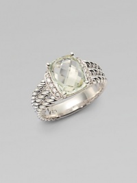 From the Petite Wheaton Collection. A stunning, faceted prasiolite stone flanked by brilliant diamonds on a sterling silver, triple-row shank. Prasiolite Diamonds, .1 tcwSterling silverImported From the Petite Wheaton Collection. A stunning, faceted prasiolite stone flanked by brilliant diamonds on a sterling silver, triple-row shank. Prasiolite Diamonds, .1 tcwSterling silverImported
