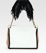 Dramatic fringe detailing adds luxe style to this tailored carryall, crafted from smooth leather in contrasting tones. Chain shoulder straps, 10¾ dropMagnetic snap closureTwo inside compartmentsOne inside zip pocketOne inside open pocketFully lined11W X 9¾H X 4¾DMade in Italy