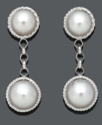 An elegant style pick-me-up. These sophisticated drops feature two cultured freshwater pearls (8-9 mm and 9-10 mm) edged by an intricate rope design in sterling silver. Approximate drop: 1-1/4 inches. An elegant style pick-me-up. These sophisticated drops feature two cultured freshwater pearls (8-9 mm and 9-10 mm) edged by an intricate rope design in sterling silver. Approximate drop: 1-1/4 inches.
