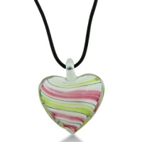 Lime and Pink Murano Glass Heart Pendant on 22 Inch Black Leather Cord Necklace Lime and Pink Murano Glass Heart Pendant on 22 Inch Black Leather Cord Necklace