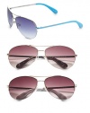 Classic metal aviator style with signature logo on plastic colored temples. Available in turquoise with blue gradient lens, tortoise with brown gradient lens, white with brown gradient lens, red with brown gradient lens, blue/silver with grey lens or ivory/copper with brown gradient lens. 100% UV protection Imported