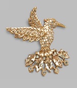 An absolutely stunning heirloom piece that flutters about the lapel or sweater, beautifully handcrafted in goldplated pewter with Swarovski crystal embellishment. Swarovski crystals Light antique goldplated pewter 2½ X 2¾ Pin backing Made in USA