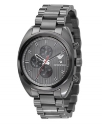 Emporio Armani masters monochromatic design with this sleek watch. Gray ion-plated stainless steel bracelet and round case. Gray vertically-striped chronograph dial features stick indices, minute track, three black subdials, date window and logo at three o'clock and red second hand. Quartz movement. Water resistant to 50 meters. Two-year limited warranty. Emporio Armani masters monochromatic design with this sleek watch. Gray ion-plated stainless steel bracelet and round case. Gray vertically-striped chronograph dial features stick indices, minute track, three black subdials, date window and logo at three o'clock and red second hand. Quartz movement. Water resistant to 50 meters. Two-year limited warranty.