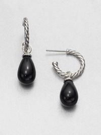 From the Bijoux Collection. A smooth, teardrop-shaped black onyx stone on a cabled, sterling silver hoop. Black onyxSterling silverPost backMade in USA From the Bijoux Collection. A smooth, teardrop-shaped black onyx stone on a cabled, sterling silver hoop. Black onyxSterling silverPost backMade in USA