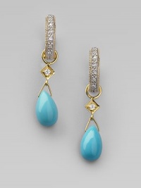 Smooth teardrops of richly hued turquoise with diamond accents are ready to hang from your favorite hoops. Diamonds, 0.03 tcw Turquoise 18k yellow gold Drop, about ¾ Spring ring clasp Imported Please note: Earrings sold separately. Smooth teardrops of richly hued turquoise with diamond accents are ready to hang from your favorite hoops. Diamonds, 0.03 tcw Turquoise 18k yellow gold Drop, about ¾ Spring ring clasp Imported Please note: Earrings sold separately.