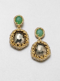 From the Elements Siyabona Collection. Faceted pyrite and chalcedony surrounded in Swarovski crystals in a goldtone setting with an elegant drop design. Goldtone Swarovski crystalsPyrite and chalcedonyDrop, about 1.68Surgical steel post backMade in USA From the Elements Siyabona Collection. Faceted pyrite and chalcedony surrounded in Swarovski crystals in a goldtone setting with an elegant drop design. Goldtone Swarovski crystalsPyrite and chalcedonyDrop, about 1.68Surgical steel post backMade in USA