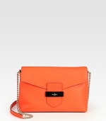 A compact flap-top shape of smooth leather, finished with a sleek chain shoulder strap. Leather and chain shoulder strap, 216¼ dropBuckled flap closureOne inside zip pocketOne inside open pocketFully lined9¾W X 7H X 3½DImported