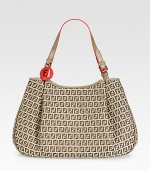 Stunning Zucchino jacquard features allover logo detail with bright calf leather trim.Shoulder strap, 10 drop Magnetic top closure One inside zip pocket Two center compartments Fully lined 16¾W X 9¾H X 4½D Made in Italy