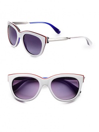A subtly colorful design in lightweight acetate with a chic modified cateye shape. Available in black/yellow/white with grey gradient lens, blue/yellow/grey with grey gradient lens or white/red/blue with grey gradient lens. Metal logo temples100% UV protectionImported A subtly colorful design in lightweight acetate with a chic modified cateye shape. Available in black/yellow/white with grey gradient lens, blue/yellow/grey with grey gradient lens or white/red/blue with grey gradient lens. Metal logo temples100% UV protectionImported