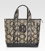 Laminated snake-print burlap trimmed with rich leather in a signature carryall.Double top handles, 6 dropTop zip closureProtective metal feetOne inside zip pocketTwo inside open pocketsCotton lining19½W X 14½H X 5½DImported