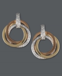 Unparalleled design. Trio by Effy Collection's unique earring style combines three overlapping circles in 14k gold, 14k white gold and 14k rose gold with rows of sparkling, round-cut diamonds (1/3 ct. t.w.) and a post backing. Approximate drop: 1 inch. Approximate diameter: 3/4 inch. Unparalleled design. Trio by Effy Collection's unique earring style combines three overlapping circles in 14k gold, 14k white gold and 14k rose gold with rows of sparkling, round-cut diamonds (1/3 ct. t.w.) and a post backing. Approximate drop: 1 inch. Approximate diameter: 3/4 inch.