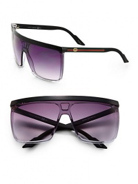 Signature web logo adorns the temples of this square, flat top plastic design. Available in black with dark grey-purple gradient lens.GG web logo temples100% UV protectionMade in Italy Signature web logo adorns the temples of this square, flat top plastic design. Available in black with dark grey-purple gradient lens.GG web logo temples100% UV protectionMade in Italy