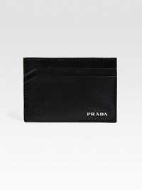 A smart card case in textured saffiano leather with silver logo detail.Four card slotsLeather4W x 3HMade in Italy A smart card case in textured saffiano leather with silver logo detail.Four card slotsLeather4W x 3HMade in Italy
