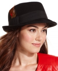 A fabulous feather accents this classic pork pie hat from Nine West, for a look that's completely cold weather chic. A fabulous feather accents this classic pork pie hat from Nine West, for a look that's completely cold weather chic.