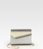 Textured metallic acrylic crafted in a chic flap design that can be worn along the shoulder or held as a clutch.Chain shoulder strap, 21½ dropFlap snap closureOne inside open pocketSatin lining6½W X 5H X 2DMade in Italy