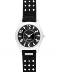 Bold with eye-popping details, this Nine West watch adds instant appeal. Crafted of black perforated leather strap with logo detail and round silver tone mixed metal case. Black dial features inner minute track, silver tone applied numerals and stick indices, hour and minute hand, sweeping second hand and logo at six o'clock. Quartz movement. Limited lifetime warranty. Bold with eye-popping details, this Nine West watch adds instant appeal. Crafted of black perforated leather strap with logo detail and round silver tone mixed metal case. Black dial features inner minute track, silver tone applied numerals and stick indices, hour and minute hand, sweeping second hand and logo at six o'clock. Quartz movement. Limited lifetime warranty.