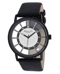 Textured leather and a translucent case combine for modern effect on this unique watch by Kenneth Cole New York. Black leather strap and translucent case. White dial features stick indices, luminous hands and logo. Quartz movement. Water resistant to 30 meters. Limited lifetime warranty. Textured leather and a translucent case combine for modern effect on this unique watch by Kenneth Cole New York. Black leather strap and translucent case. White dial features stick indices, luminous hands and logo. Quartz movement. Water resistant to 30 meters. Limited lifetime warranty.
