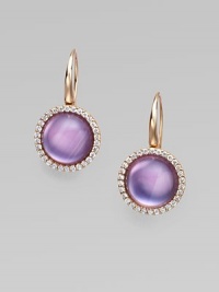Luminous amethyst cast over mother of pearl is richly framed in diamonds, all set in 18k rose gold. Diamonds, .56 tcw Mother of pearl, crystal 18k rose gold Diameter, about ½ Shepherds hook Made in Italy Luminous amethyst cast over mother of pearl is richly framed in diamonds, all set in 18k rose gold. Diamonds, .56 tcw Mother of pearl, crystal 18k rose gold Diameter, about ½ Shepherds hook Made in Italy