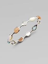 Sleek sterling silver with milky aquamarine, mother-of-pearl, peach moonstone and green amethyst stones in various shapes. Milky aquamarine, mother-of-pearl, peach moonstone and green amethystSterling silverDiameter, about 2½Slip-on styleImported 