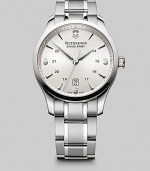 An elegant timepiece designed in polished stainless steel with a silver dial and renowned quartz precision. Round bezel Quartz movement Water resistant to 3 ATM Date function at 6 o'clock Second hand Stainless steel case: 45mm (1.77) Stainless steel bracelet: 28mm (1) Deployment clasp Imported 