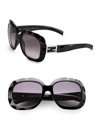 Modern faceted frames embellished with a gemstone logo temple. Available in black with grey gradient lens. 100% UV protection Made in Italy Modern faceted frames embellished with a gemstone logo temple. Available in black with grey gradient lens. 100% UV protection Made in Italy
