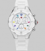 A crisp clean white dial is dotted with colorful hour markers for a distinctive timepiece.Swiss quartz movement Water resistant to 5 ATM Logo bezel Round stainless steel case, 40mm, (1.49) K1 mineral crystal White chronograph dial Numeral hour markers Second hand Silicone strap Imported 