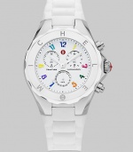 A crisp clean white dial is dotted with colorful hour markers for a distinctive timepiece.Swiss quartz movement Water resistant to 5 ATM Logo bezel Round stainless steel case, 40mm, (1.49) K1 mineral crystal White chronograph dial Numeral hour markers Second hand Silicone strap Imported 