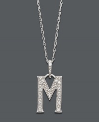 Spell it out in sparkle! This personalized initial charm necklace makes the perfect gift for Meredith or Michelle. Features sparkling, round-cut diamond accents. Setting and chain crafted in 14k white gold. Approximate length: 18 inches. Approximate drop: 1/2 inch. Spell it out in sparkle! This personalized initial charm necklace makes the perfect gift for Meredith or Michelle. Features sparkling, round-cut diamond accents. Setting and chain crafted in 14k white gold. Approximate length: 18 inches. Approximate drop: 1/2 inch.
