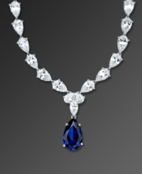 Layer your neckline with elegant design and eye-popping color. This glittering necklace by CRISLU features multiple clear cubic zirconias (50-1/2 ct. t.w.) accented by a bold sapphire-colored cubic zirconia teardrop. Necklace crafted in platinum over sterling silver. Approximate length: 16 inches. Approximate drop: 1 inch. Layer your neckline with elegant design and eye-popping color. This glittering necklace by CRISLU features multiple clear cubic zirconias (50-1/2 ct. t.w.) accented by a bold sapphire-colored cubic zirconia teardrop. Necklace crafted in platinum over sterling silver. Approximate length: 16 inches. Approximate drop: 1 inch.