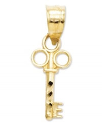 Try a little Victorian-inspired style. This sweet key charm features an intricate cut-out design in 14k gold. Chain not included. Approximate length: 3/5 inch. Approximate width: 1/5 inch. Try a little Victorian-inspired style. This sweet key charm features an intricate cut-out design in 14k gold. Chain not included. Approximate length: 3/5 inch. Approximate width: 1/5 inch.