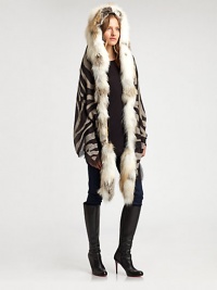 Luxurious, natural fox fur trims this transformable hooded wrap, accented by a zebra print on modal and cashmere.90% modal/10% cashmereAbout 28 X 79Dry cleanMade in ItalyFur origin: Finland Luxurious, natural fox fur trims this transformable hooded wrap, accented by a zebra print on modal and cashmere.90% modal/10% cashmereAbout 28 X 79Dry cleanMade in ItalyFur origin: Finland
