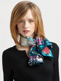 An ultra-feminine, vivid shopping print adds flair to this sumptuous silk wrap.SilkAbout 36 X 36Dry cleanMade in Italy An ultra-feminine, vivid shopping print adds flair to this sumptuous silk wrap.SilkAbout 36 X 36Dry cleanMade in Italy
