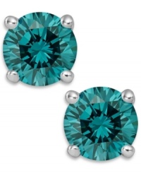 Add an ocean of color, in one small drop. These sparkling stud earrings feature round-cut blue diamonds (1-1/2 ct. t.w.) in a four-prong setting of 14k white gold. Approximate diameter: 1/4 inch. Add an ocean of color, in one small drop. These sparkling stud earrings feature round-cut blue diamonds (1-1/2 ct. t.w.) in a four-prong setting of 14k white gold. Approximate diameter: 1/4 inch.