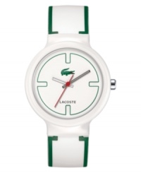 Add a little spring spirit to every hour with this crisp, green and white unisex watch from Lacoste. White and green silicone strap. Round white plastic case and round white dial with logo and stick indices. Quartz movement. Water resistant to 30 meters. Two-year limited warranty. Add a little spring spirit to every hour with this crisp, green and white unisex watch from Lacoste. White and green silicone strap. Round white plastic case and round white dial with logo and stick indices. Quartz movement. Water resistant to 30 meters. Two-year limited warranty.