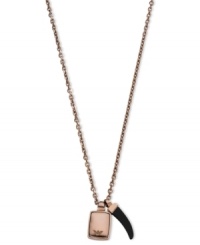 This rosy pendant necklace by Emporio Armani features a rose-gold ion-plated logo charm and a black onyx stone. Setting and chain crafted in stainless steel. Approximate length: 20 inches + 2-inch extender. Approximate drop: 1 inch. This rosy pendant necklace by Emporio Armani features a rose-gold ion-plated logo charm and a black onyx stone. Setting and chain crafted in stainless steel. Approximate length: 20 inches + 2-inch extender. Approximate drop: 1 inch.