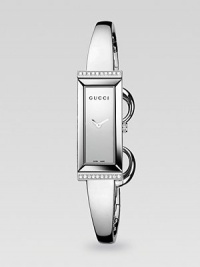 From the G-Frame Collection. A streamlined stainless steel timepiece with diamond and horsebit accents.Quartz movement Water resistant to 3 ATM Rectangular stainless steel case, 34mm x 14mm, (1.33 x .55) Sapphire crystal Diamonds along top and bottom case, 0.10 tcw Stainless steel bangle Jewelry clasp closure Made in Switzerland From the G-Frame Collection. A streamlined stainless steel timepiece with diamond and horsebit accents.Quartz movement Water resistant to 3 ATM Rectangular stainless steel case, 34mm x 14mm, (1.33 x .55) Sapphire crystal Diamonds along top and bottom case, 0.10 tcw Stainless steel bangle Jewelry clasp closure Made in Switzerland
