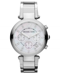 A feminine steel watch from Michael Kors' Parker collection, upgraded with sparkling accents. A feminine steel watch from Michael Kors' Parker collection, upgraded with sparkling accents.
