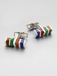 Sterling silver set with rotating semi-precious stones enhances these rectangular cufflinks.Silver/semi-precious stonesAbout ¼ x ¼Made in the United Kingdom Sterling silver set with rotating semi-precious stones enhances these rectangular cufflinks.Silver/semi-precious stonesAbout ¼ x ¼Made in the United Kingdom