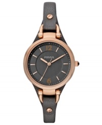 A thin leather strap holds a rosy-hued case on this unique Georgia collection watch by Fossil. A thin leather strap holds a rosy-hued case on this unique Georgia collection watch by Fossil.