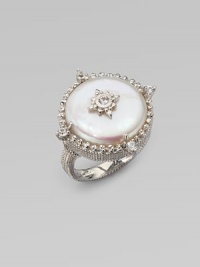 From the Aspen Collection. A lustrous white coin freshwater pearl sits in a richly textured beaded setting with accents of shimmering white sapphires and a rope-textured band.White freshwater pearlWhite sapphireRhodium platedDiameter, about 1½Imported From the Aspen Collection. A lustrous white coin freshwater pearl sits in a richly textured beaded setting with accents of shimmering white sapphires and a rope-textured band.White freshwater pearlWhite sapphireRhodium platedDiameter, about 1½Imported