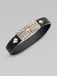 From the Alchemy in the UK Collection. A bold Union Jack of sterling silver, textured, studded and finished with rose goldplatng on a black leather strap.Sterling silverRose goldplatedLeatherLength, about 8½Magnetic claspImported From the Alchemy in the UK Collection. A bold Union Jack of sterling silver, textured, studded and finished with rose goldplatng on a black leather strap.Sterling silverRose goldplatedLeatherLength, about 8½Magnetic claspImported
