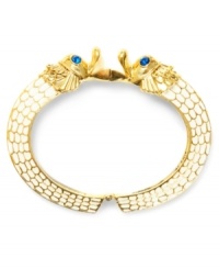 Slip on some sea-creature sass. Betsey Johnson's hinge bangle bracelet features sea horse details and blue-crystal accents. Set in ivory and gold tone mixed metal. Approximate diameter: 2-1/2 inches. Slip on some sea-creature sass. Betsey Johnson's hinge bangle bracelet features sea horse details and blue-crystal accents. Set in ivory and gold tone mixed metal. Approximate diameter: 2-1/2 inches.