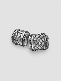 Woven cylinder design in stunning sterling silver. About ¾ X ½ each Made in USA Woven cylinder design in stunning sterling silver. About ¾ X ½ each Made in USA