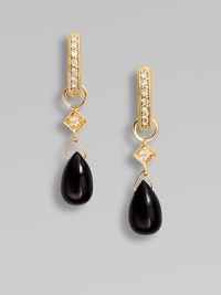 A sparkling, understated accent piece with a teardrop-shaped black onyx and diamond accents. Black onyxDiamonds, .03 tcw18k goldJump ring claspLength, about ¼Imported Please note: Hoops sold separately. A sparkling, understated accent piece with a teardrop-shaped black onyx and diamond accents. Black onyxDiamonds, .03 tcw18k goldJump ring claspLength, about ¼Imported Please note: Hoops sold separately.