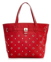 Indulge your fashion sweet tooth with this whimsical take-anywhere tote from Nine West. Adorned with signature silver-tone hardware and shiny ball and circle accents, it's ample interior stashes everything from your work laptop to favorite weekend coverup. Indulge your fashion sweet tooth with this whimsical take-anywhere tote from Nine West. Adorned with signature silver-tone hardware and shiny ball and circle accents, it's ample interior stashes everything from your work laptop to favorite weekend coverup.