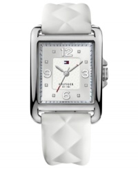 The quilted silicone strap of this Tommy Hilfiger watch adds a stylish touch to a sporty design. The quilted silicone strap of this Tommy Hilfiger watch adds a stylish touch to a sporty design.