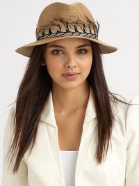A highly textural design with a unique pheasant feather band. 90% toyo paper/10% cottonPheasant featherBrim, about 1Hand washMade in USA of imported fabrics A highly textural design with a unique pheasant feather band. 90% toyo paper/10% cottonPheasant featherBrim, about 1Hand washMade in USA of imported fabrics