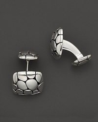 These pebbled sterling silver cuff links from the John Hardy Kali collection add sophisticated shine to French cuffed shirts. These pebbled sterling silver cuff links from the John Hardy Kali collection add sophisticated shine to French cuffed shirts.