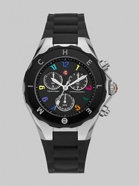 A sleek black dial is dotted with colorful hour markers for a distinctive timepiece.Swiss quartz movement Water resistant to 5 ATM Logo bezel Round stainless steel case, 40mm, (1.49) K1 mineral crystal Black chronograph dial Numeral hour markers Second hand Silicone strap Imported A sleek black dial is dotted with colorful hour markers for a distinctive timepiece.Swiss quartz movement Water resistant to 5 ATM Logo bezel Round stainless steel case, 40mm, (1.49) K1 mineral crystal Black chronograph dial Numeral hour markers Second hand Silicone strap Imported