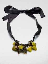 Glossy resin and natural horn in an interesting cluster pattern on a sweet ribbon. ResinHornLength, about 18 to 31 adjustableRibbon tie closureMade in Italy Glossy resin and natural horn in an interesting cluster pattern on a sweet ribbon. ResinHornLength, about 18 to 31 adjustableRibbon tie closureMade in Italy
